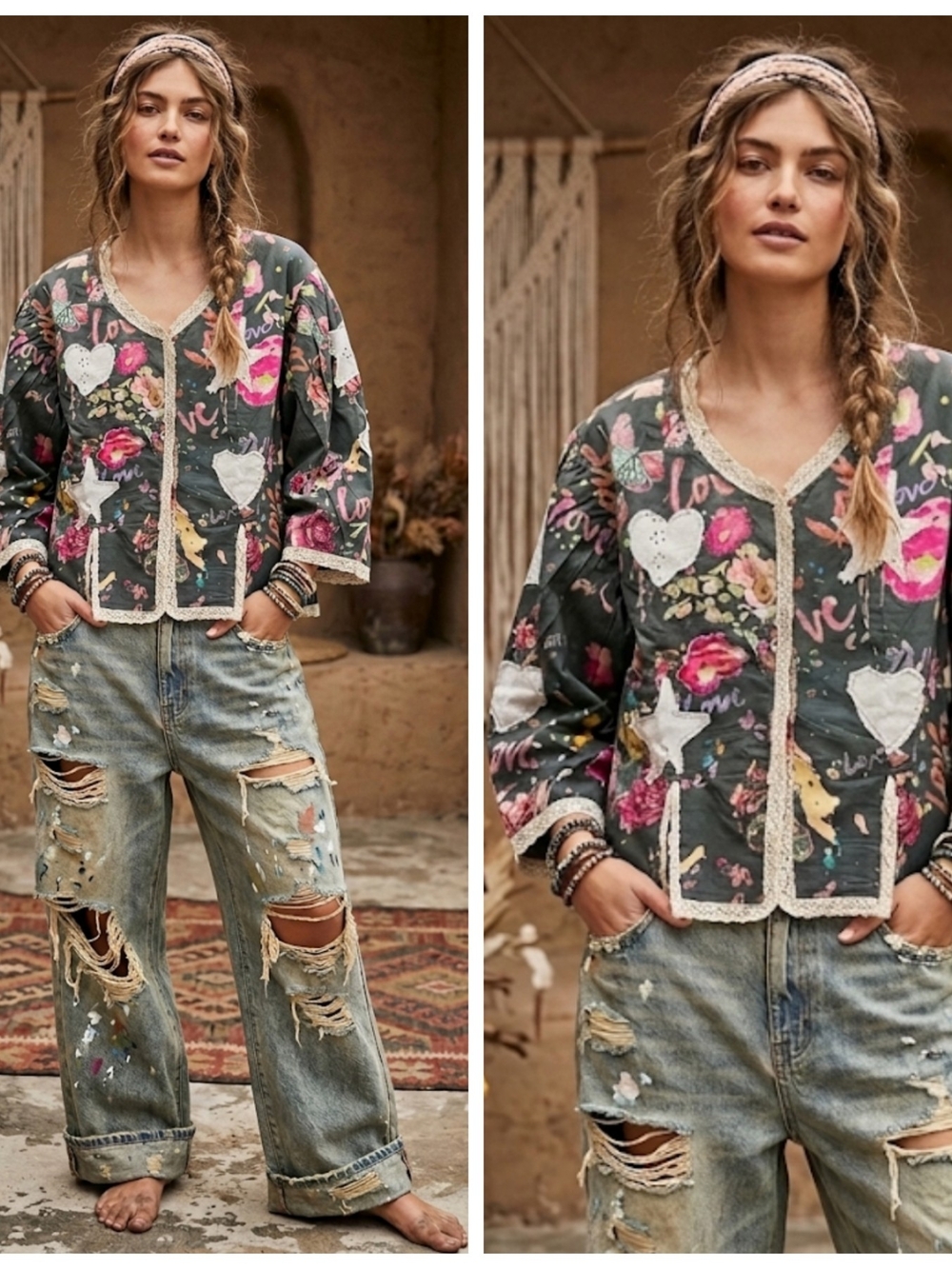 Lightweight Floral Patchwork Jacket - Dark Green